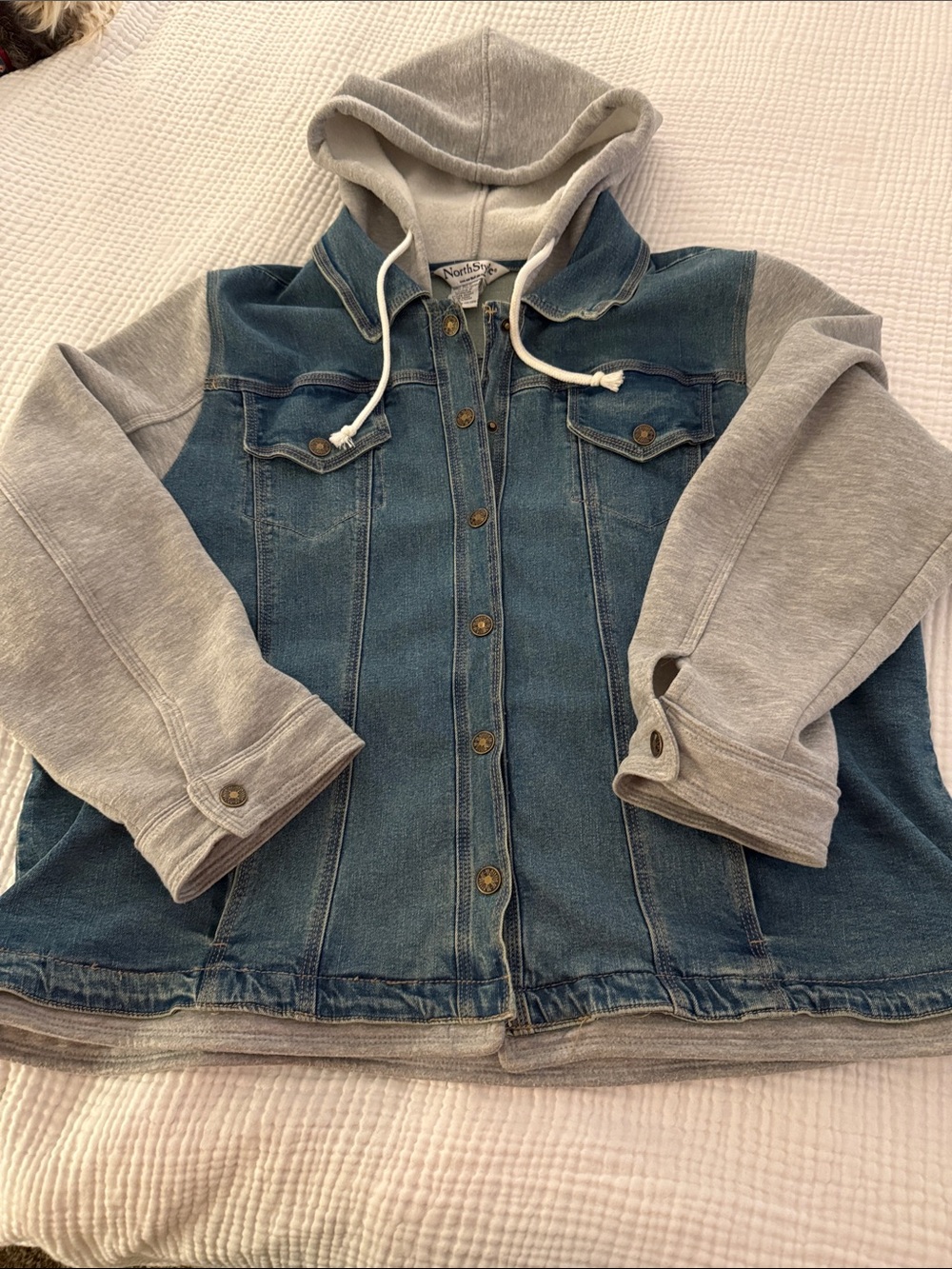 NorthStyle Denim Jacket with Gray Hoodie Sleeves and hood